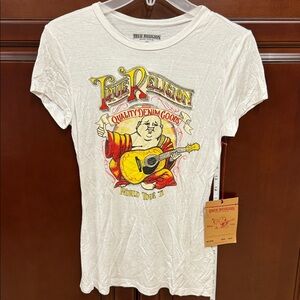 True Religion White Women Logo Vneck Tee Tshirt Rhinestones Top Blouse XS NWT